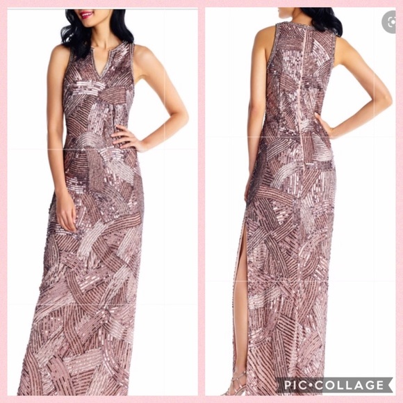 Adrianna Papell Dresses & Skirts - Adrianna Papell rose gold sequins& beaded sleeveless long gown